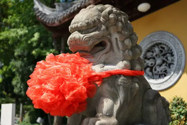 Shanghai,China-September 16, 2019: Chinese or Imperial guardian lion at Longhua temple in Shanghai, China
