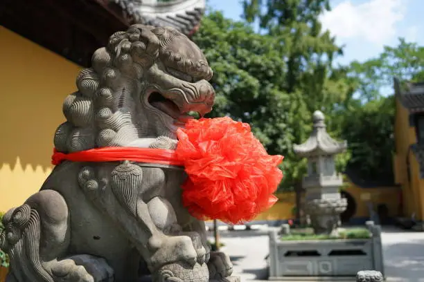 Shanghai,China-September 16, 2019: Chinese or Imperial guardian lion at Longhua temple in Shanghai, China