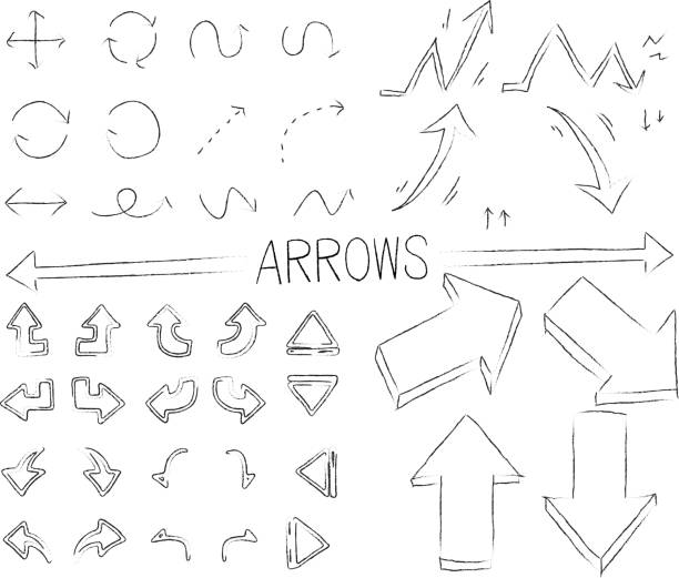 ilustraciones, imágenes clip art, dibujos animados e iconos de stock de conjunto de flechas por escritura manual - turning right