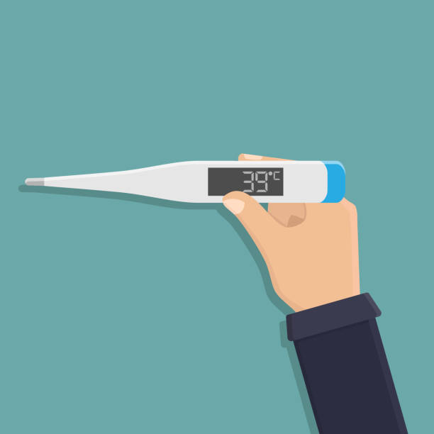 Digital thermometer flat design Digital thermometer, hand holding digital thermometer, flat design vector illustration fever stock illustrations