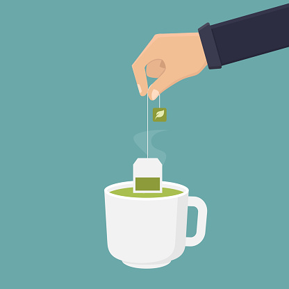 Tea bag green tea, hand holding green tea bag and dipping green tea into a glass, flat design vector illustration