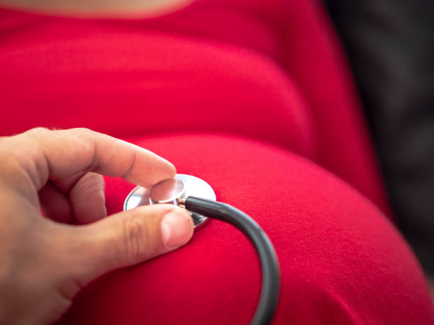 A close up of a male doctor or husband's hand holding a stethoscope on the belly or stomach of a pregnant woman or wife wearing a red dress to listen to the unborn baby's heart beat. stock photo