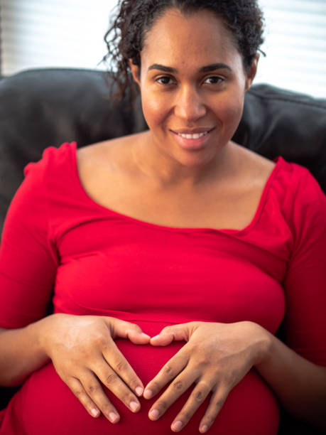 A beautiful young African American mixed ethnicity woman wearing a bright red dress holds her hands on her pregnant belly forming her fingers in the shape of a heart and smiles looking at the camera. stock photo