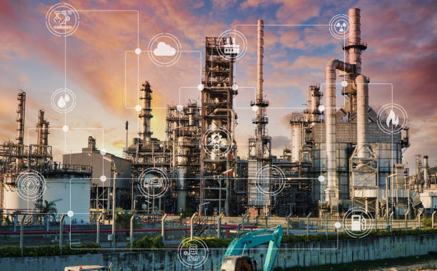Petrochemical industry on sunset stock photo