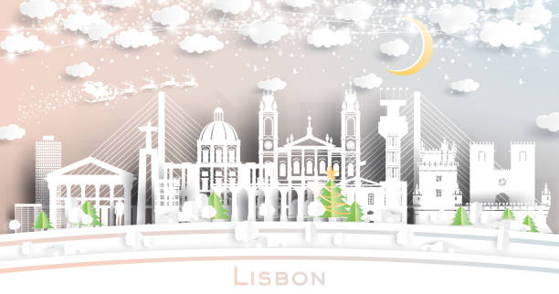 ilustrações de stock, clip art, desenhos animados e ícones de lisbon portugal city skyline in paper cut style with snowflakes, moon and neon garland. - natal lisboa
