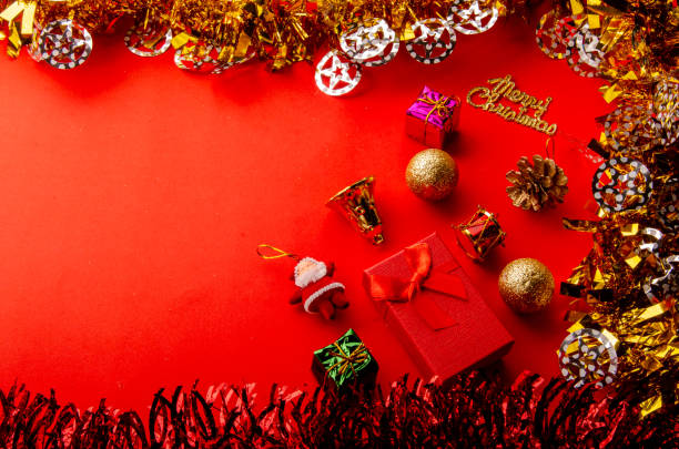 Merry christmas and happy new year greeting card in red tones stock photo