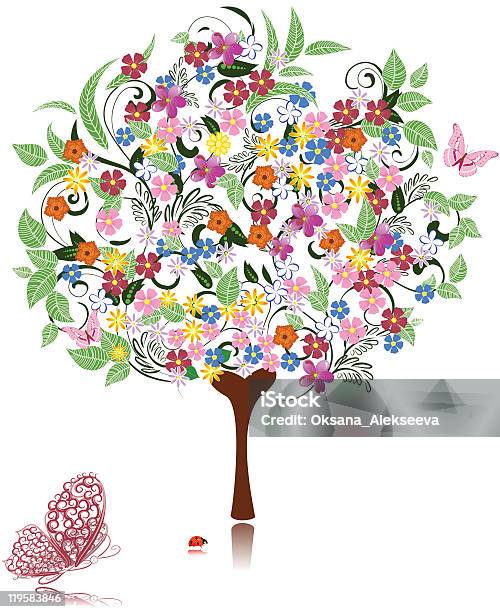 Цветочное Дерево — стоковая векторная графика и другие изображения на тему Абстрактный - Абстрактный, Бабочка, Без людей