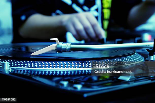 Dj Playing Music From Vinyl Record Stock Photo - Download Image Now - Adjusting, Audio Equipment, Close-up