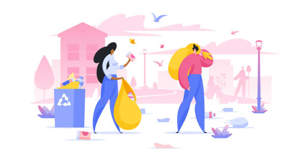 ilustrações, clipart, desenhos animados e ícones de voluntários que coletam o lixo na ilustração plana do vetor da cidade - mulher catando lixo