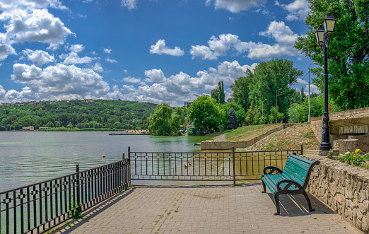 Embankment of Valea Morilor Lake in Chisinau, Moldova, on a sunny summer day