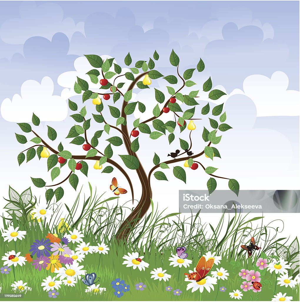 Плодовое дерево в луг - Векторная графика Бабочка роялти-фри