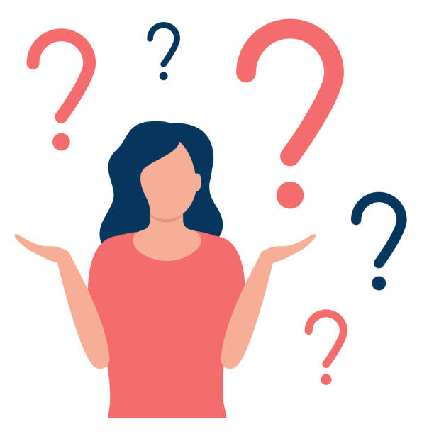 ilustrações de stock, clip art, desenhos animados e ícones de abstract thoughtful and doubting woman with question mark. girl solves problem, chooses solution. the concept of doubt, ignorance, confusion, deadlock. i do not know. vector flat design illustration. - choice thinking women decisions