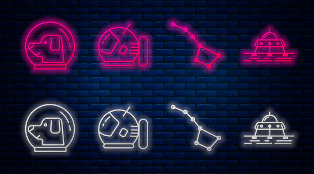 set linie astronaut helm, großer bär konstellation, hund im astronautenhelm und mars rover. glühende neon-ikone auf ziegelwand. vektor - 2650 stock-grafiken, -clipart, -cartoons und -symbole