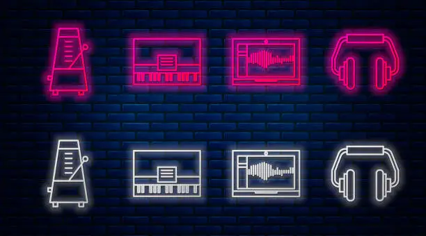 Vector illustration of Set line Piano, Sound or audio recorder on laptop, Metronome with pendulum in motion and Headphones. Glowing neon icon on brick wall. Vector