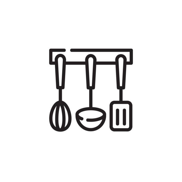 illustrations, cliparts, dessins animés et icônes de les ustensiles de cuisine placent l'icône mince de ligne - wire whisk symbol computer icon spatula