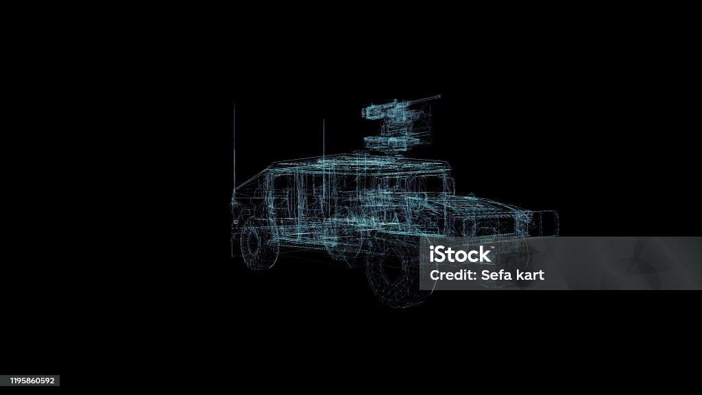 Military armored vehicle Hologram Wireframe. Nice 3D Render on a black background Concepts Stock Photo