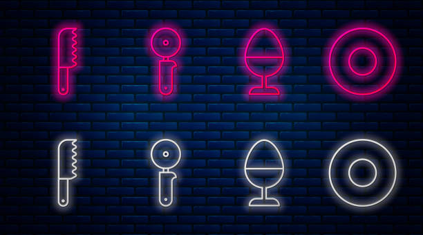 istock Set line Pizza knife, Chicken egg on a stand, Bread knife and Plate. Glowing neon icon on brick wall. Vector 1195862341