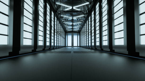 istock narrow corridor in data center with server equipment on both sides -3D render. 1195864722