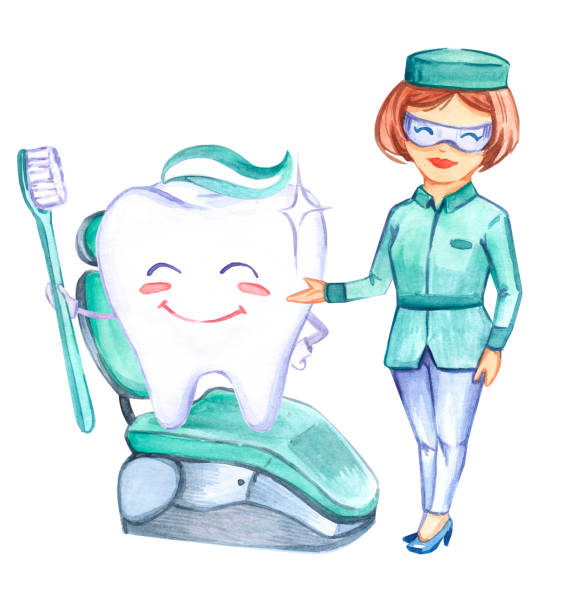 illustrazioni stock, clip art, cartoni animati e icone di tendenza di arte odontoiatria. motivo dei denti. dentista. spazzolino. dentifricio. illustrazione ad acquerello. denti sonori. bel sorriso. infermiera in uniforme. medicina. salute umana. - dentist office illustration and painting dental equipment dental hygiene