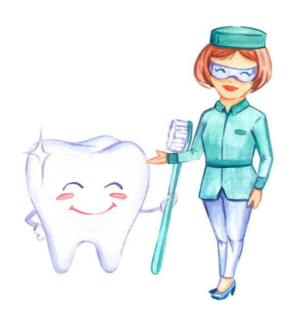 illustrazioni stock, clip art, cartoni animati e icone di tendenza di arte odontoiatria. motivo dei denti. dentista. spazzolino. dentifricio. illustrazione ad acquerello. denti sonori. bel sorriso. infermiera in uniforme. medicina. salute umana. - dentist office illustration and painting dental equipment dental hygiene