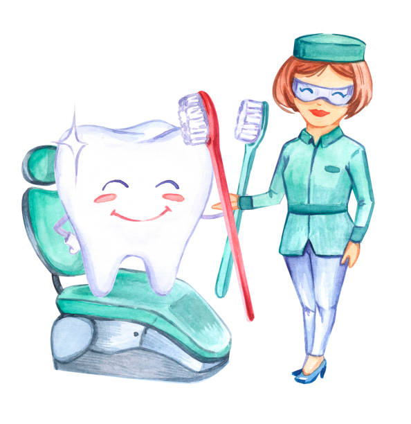 illustrazioni stock, clip art, cartoni animati e icone di tendenza di arte odontoiatria. motivo dei denti. dentista. spazzolino. dentifricio. illustrazione ad acquerello. denti sonori. bel sorriso. infermiera in uniforme. medicina. salute umana. - dentist office illustration and painting dental equipment dental hygiene