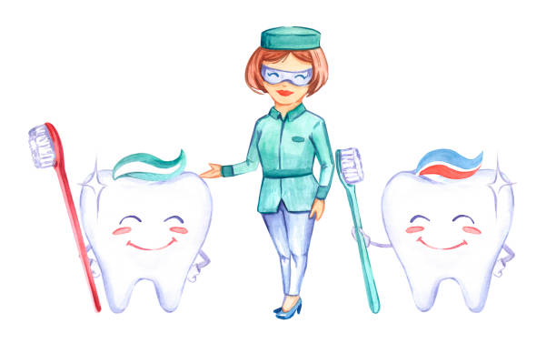 illustrazioni stock, clip art, cartoni animati e icone di tendenza di arte odontoiatria. motivo dei denti. dentista. spazzolino. dentifricio. illustrazione ad acquerello. denti sonori. bel sorriso. infermiera in uniforme. medicina. salute umana. - dentist office illustration and painting dental equipment dental hygiene