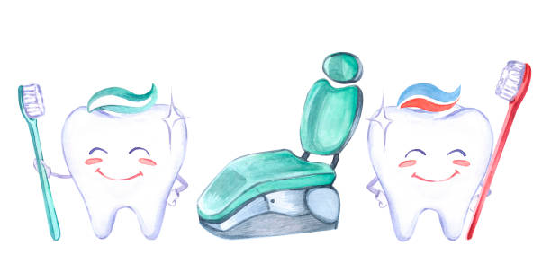 illustrazioni stock, clip art, cartoni animati e icone di tendenza di arte odontoiatria. motivo dei denti. dentista. spazzolino. dentifricio. illustrazione ad acquerello. denti sonori. bel sorriso. infermiera in uniforme. medicina. salute umana. - dentist office illustration and painting dental equipment dental hygiene