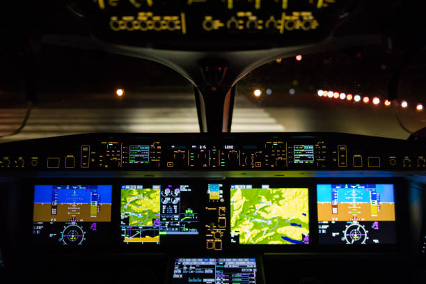 modern airliner cockpit at night - cockpit airplane autopilot dashboard imagens e fotografias de stock