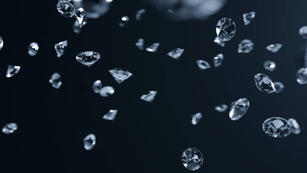 istock Lots of shiny diamonds falling on a grey surface -3D Render 1195868954
