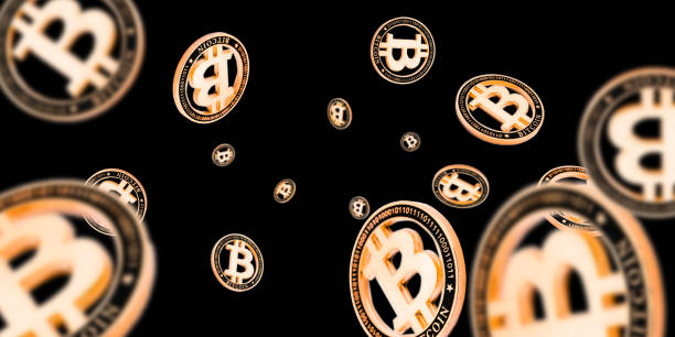 istock Bitcoin mining isolated on black background. Gold Falling CryptoCash. Litecoin, Ethereum Cryptocurrency concept 1195869773
