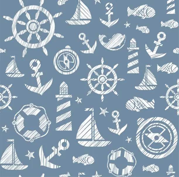 Vector illustration of Nautical background, seamless, gray-blue, vector.
