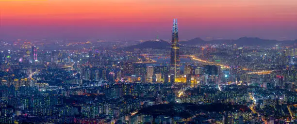 South Korea landscape,Sunset over the Han River and Lotte Tower, viewed from Namhansansong, Highest building in South Korea.