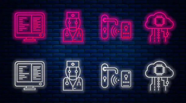 Vector illustration of Set line Robot doctor, Digital door lock with wireless technology for unlock, Computer monitor screen and Internet of things. Glowing neon icon on brick wall. Vector