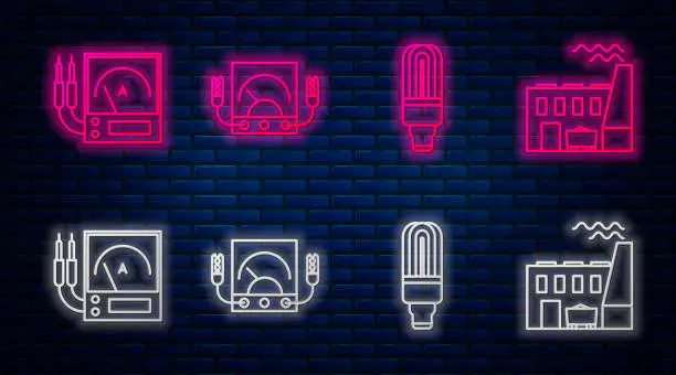 Vector illustration of Set line Ampere meter, multimeter, voltmeter, LED light bulb, Ampere meter, multimeter, voltmeter and Coal power plant and factory. Glowing neon icon on brick wall. Vector