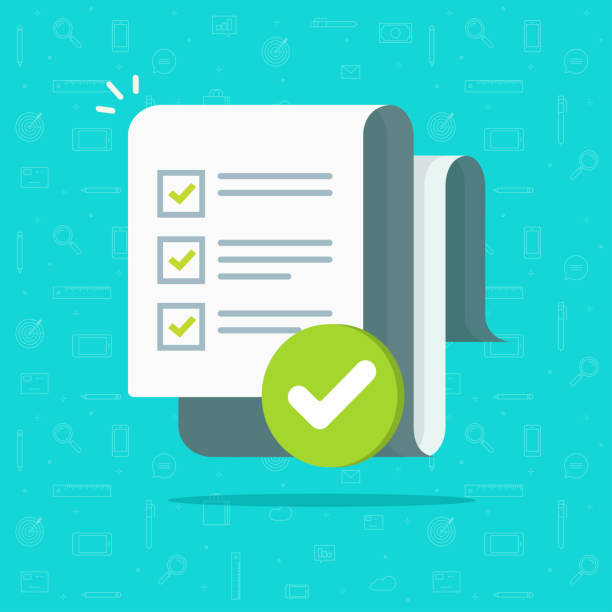 stockillustraties, clipart, cartoons en iconen met enquête of examen formulier lange papieren blad met beantwoorde quiz checklist en succes resultaatbeoordeling of voltooide to do lijst, onderwijs test idee, vragenlijst document vector illustratie platte cartoon - klussenlijst illustraties