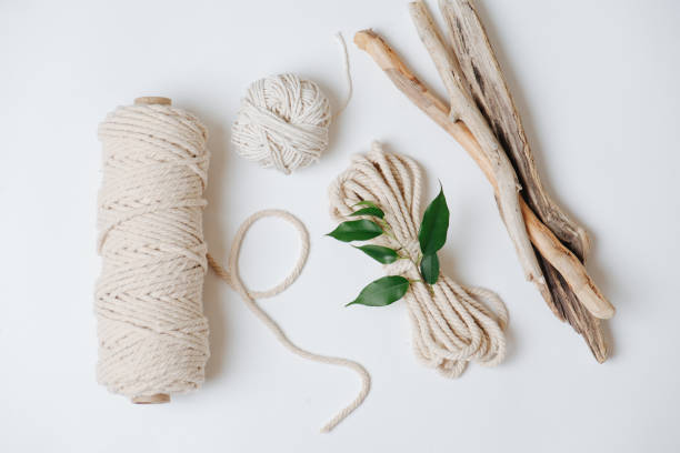 istock Cotton ropes and sticks from the river, grinded by water on a white surface 1195874345