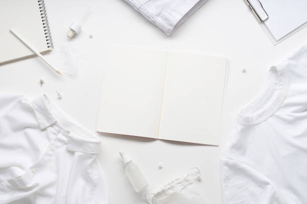 istock White monochromatic flatlay on white background with copy space at the center. Clothes, accessories, stationery and beauty equipment. Blog design concept 1195876174
