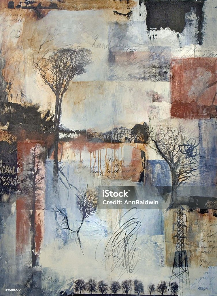 Mixed media layered painting with trees  Mixed Media Stock Photo