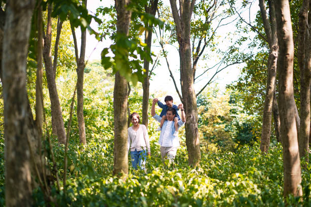 istock asian family walking in woods 1195884276