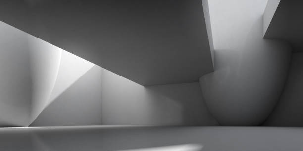 istock Abstract of concrete interior space with sun light cast the shadow on the wall and floor,Geometric structure design,Perspective of brutalism  architecture,3d rendering. 1195890568