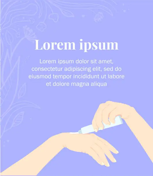 Vector illustration of Apply cream or therapeutic ointment to the hands. Dermatology and skin care.