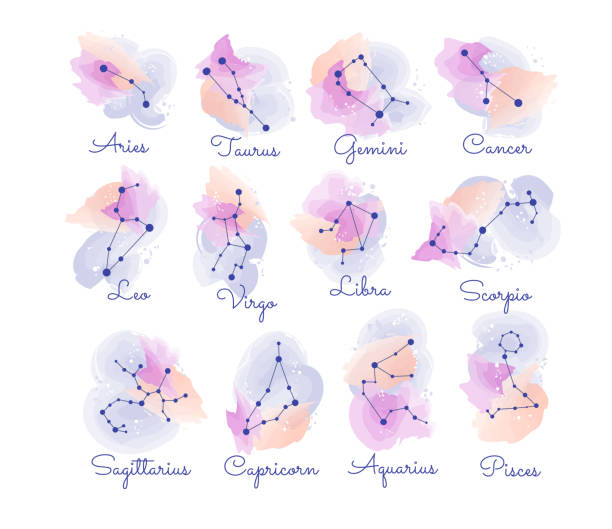 illustrations, cliparts, dessins animés et icônes de constellations des zodiaques. définir des symboles astrologiques - medium group of objects