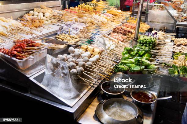 Array Of Local Delicacy Named Lok Lok At Jalan Alor Stock Photo - Download Image Now