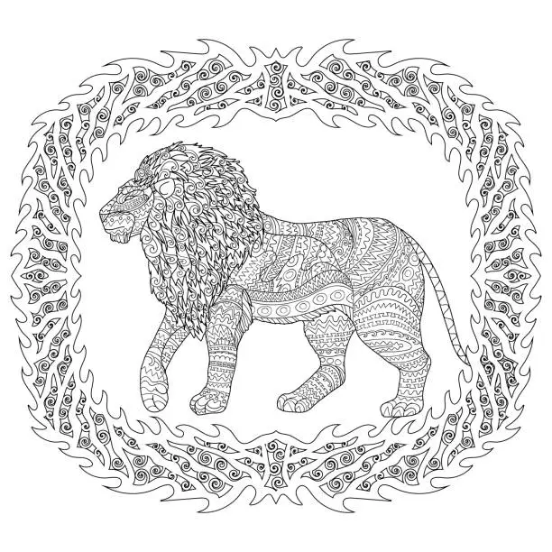 Vector illustration of Adult coloring page for antistress with lion.