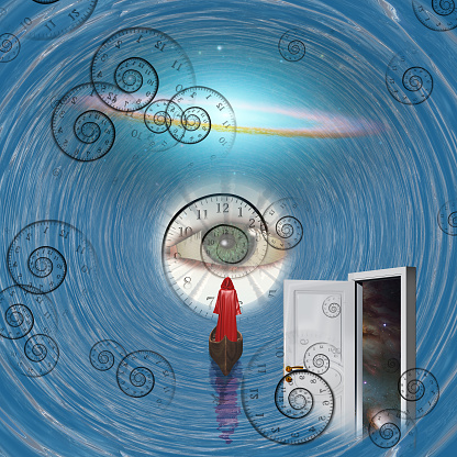 Figure in red robe floating to God's eye in blue tunnel with open door