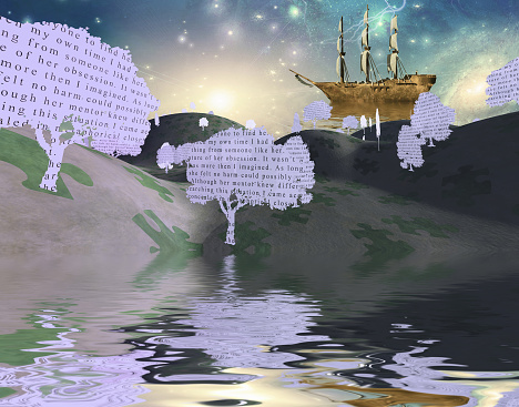 Text paper trees in surreal landscape with sailing ship in stars from my own writings