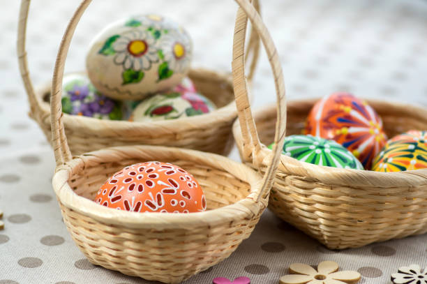 Easter eggs. Multicolored tones. Background for greetings, Religious holiday of Holy Easter. Traditions and customs.