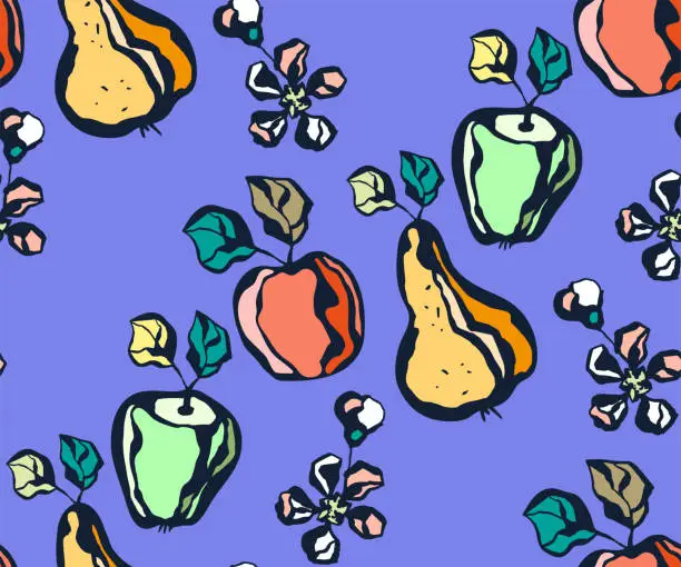 Vector illustration of Seamless floral pattern with fruts and flowers. Ornamental decorative background. Vector pattern. Print for textile, cloth, wallpaper, scrapbooking