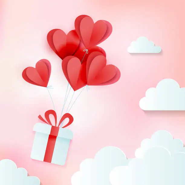 Vector illustration of Greeting card of love and Valentine's day with bunch of heart baloons with gift in clouds. Paper cut style. Vector cozy pink illustration