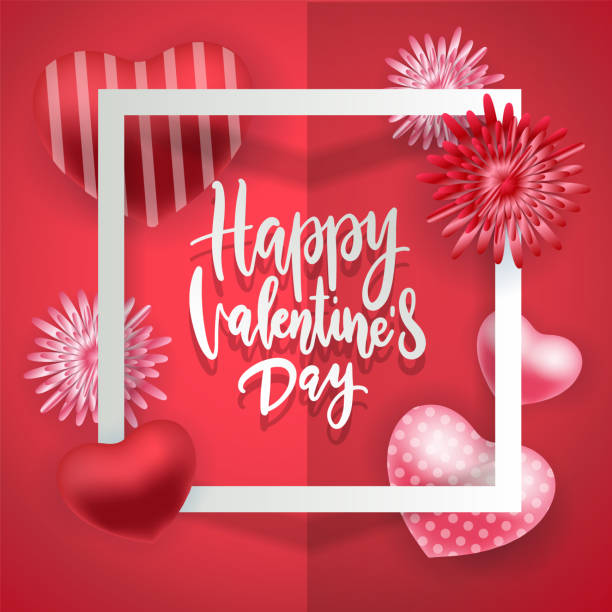 valentinstag-konzept. 3d rosa und rot verzierte herzen und floewrs mit dünnen quadratischen rahmen. süße liebe banner oder grußkarte. vektor-illustration. - frame romance ornate valentine card stock-grafiken, -clipart, -cartoons und -symbole